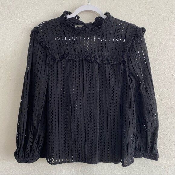 Madewell Mockneck Eyelet Ruffle Long Sleeve Peasant Top Size S Black Fairy Goth - Picture 4 of 11